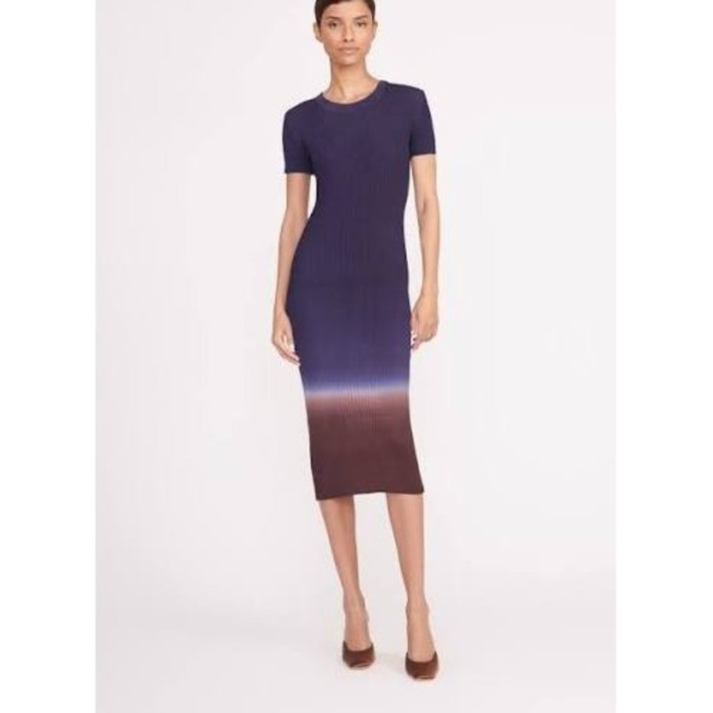 Staud Colleen Midi Dress Size S Navy Ombre Ribbed Knit Short Sleeve Bodycon